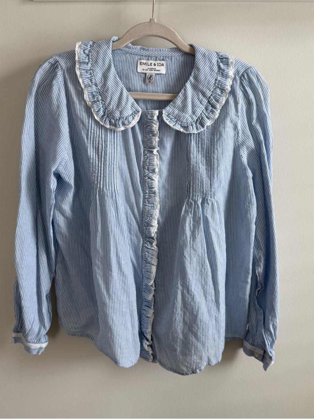 Emile & Ida Light Blue and White Striped Blouse EUC - Picture 3 of 8